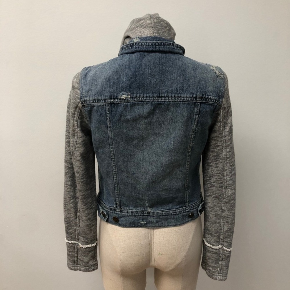 Free People Denim Jacket Womens Small Blue Grey Hooded Mixed Media Distressed - Picture 6 of 11
